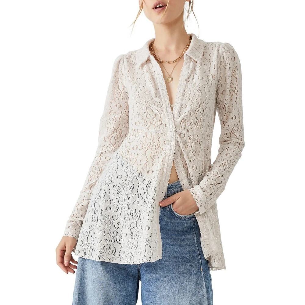 Free People Lace Tunic Blouse Size M Champagne Long Sleeve Boho
